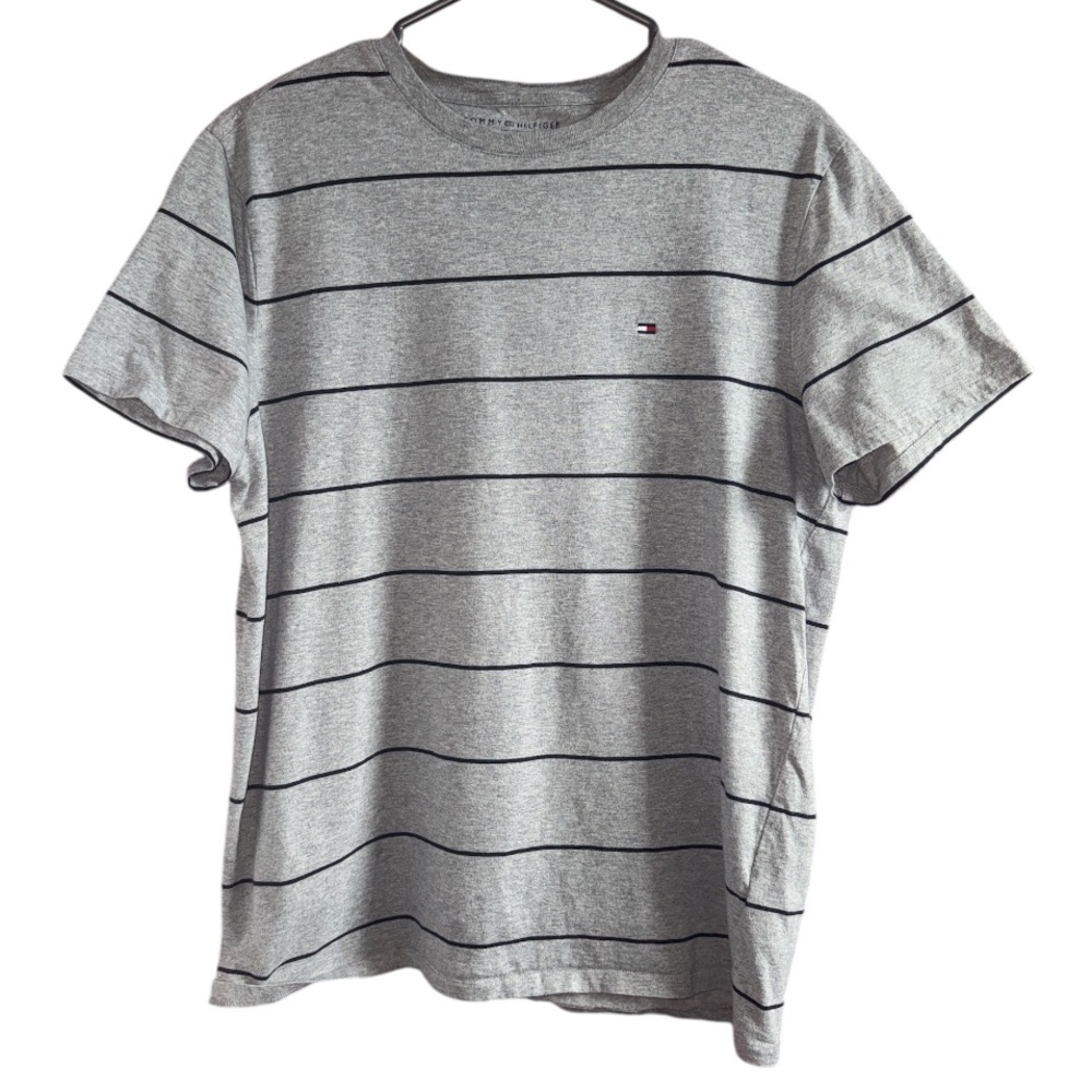 TOMMY HILFIGER Men’s Grey Black Striped Logo Crew Neck T-Shirt Size M